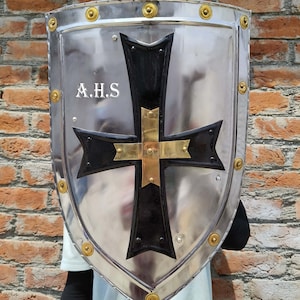 Escudo de calentador de caballero templario, armadura de cruz negra, acero de 24 pulgadas