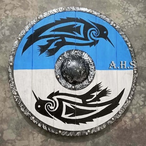 Escudo de madera de cuervo de Valhalla vikingo medieval, decoración de pared de metal, escudo redondo listo para la batalla, hecho a mano para regalo