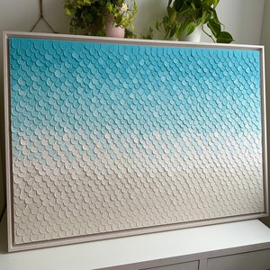 Arte texturizado - Moteado texturizado - Arte de lienzo azul y beige - Estilo océano - Estilo sirena - Marco de madera - Lienzo con marco de madera