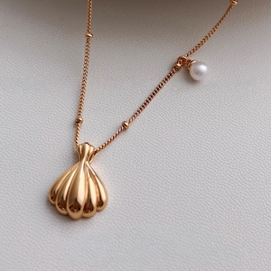 18K Gold Plated Seashell Necklace with Freshwater Pearl - Sterling Silver Ocean Jewelry - Adjustable Layering Necklace - Beach Boho Gift
