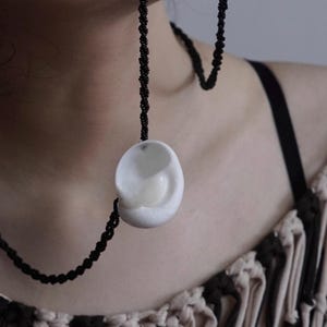 Natural White Seashell Necklace Black Beaded Chain - Boho Beach Shell Pendant Jewelry - Handmade Ocean Necklace - Coastal Gift for Her