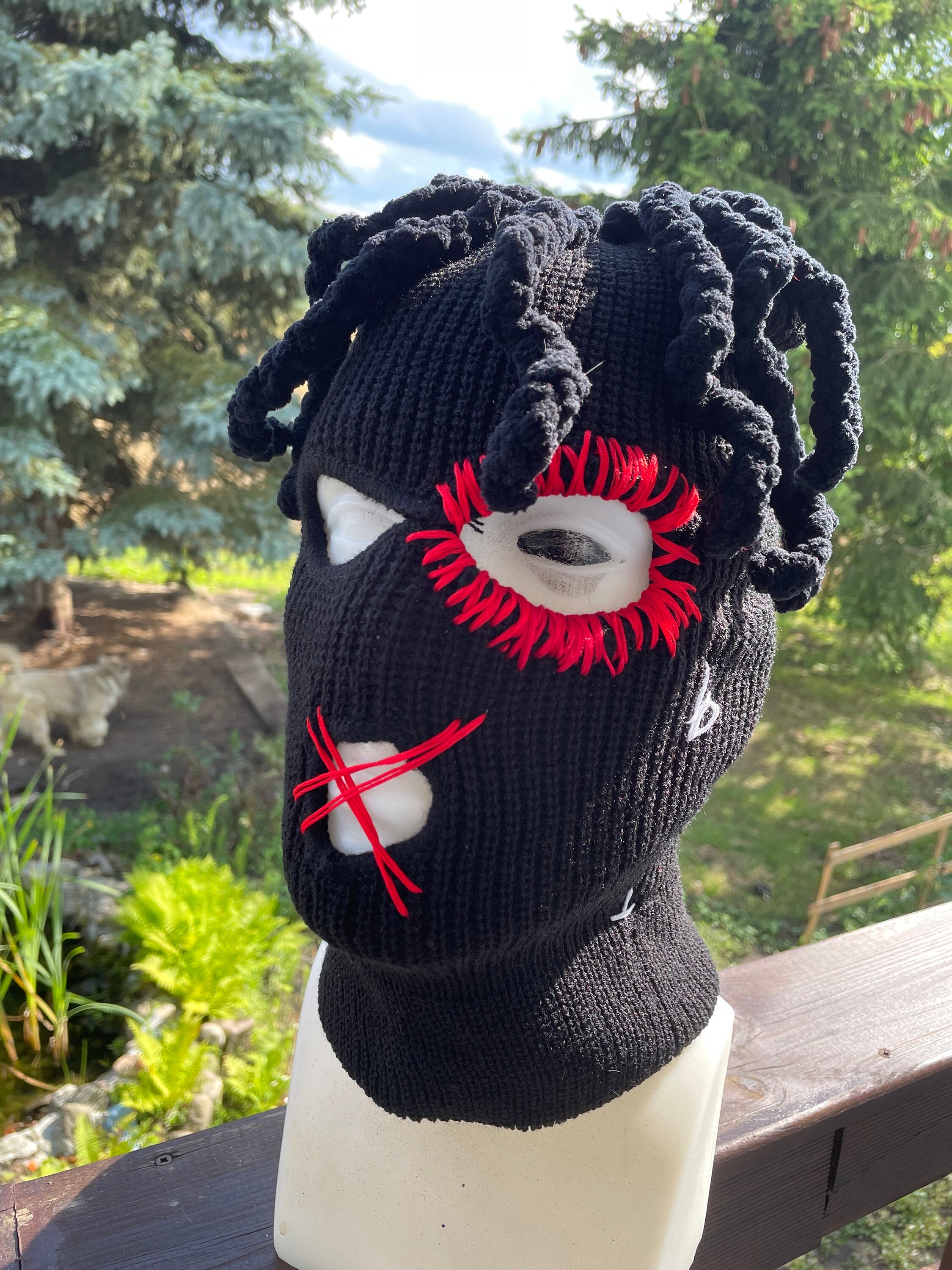 Custom knitted black red balaclava ski mask dreadlocks women men