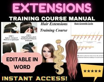Manual del curso de formación en extensiones de cabello editable / Aprende extensiones de cabello / Cursos de belleza / Escuela de belleza en línea / Manual de extensiones de cabello /
