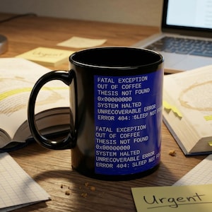 Puede incluir: Una taza de café negra con un diseño de mensaje de error de pantalla azul, que dice "FATAL EXCEPTION OUT OF COFFEE". La taza está sobre un escritorio de madera con libros abiertos, una computadora portátil y notas adhesivas. La escena sugiere un espacio de trabajo.