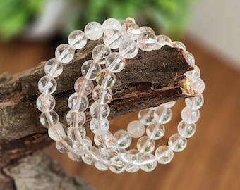 Clear Garden Quartz Bracelet: 8MM Natural Crystal Beads | Gemstones with Subtle Brown, Tan and Green Garden Inclusions