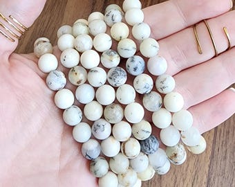 White Dendritic Opal Bracelet: 8MM Natural Crystal Tree Agate Beads | Rare Black and Gray Inclusions | Unique High Quality Gemstone Gifts