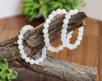 Ice Mountain Jade Bracelet: 8MM Natural Icy Jadeite Crystal Beads | Clear White with Cloudy hints of Green Sage | Rare High Quality Gemstone