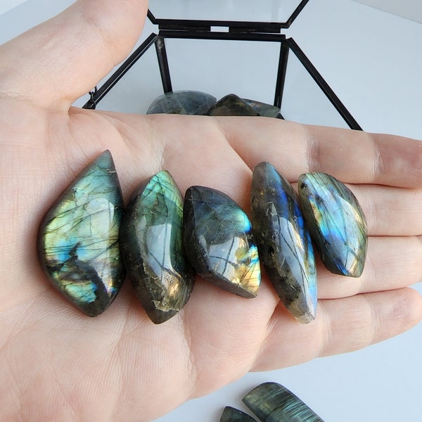 Labradorite Leaf Carvings. Smaller with good flash or larger medium flash. Intuitively Chosen!