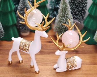 White Deer Crystal Sphere Stand Set: Gold Antler Winter Decor