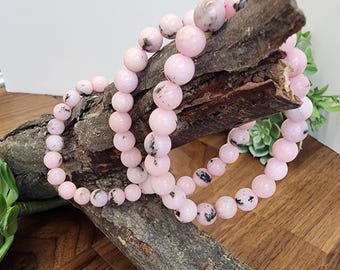 Pink Dendritic Opal Bracelet: 8MM Natural Crystal Beads Enhanced with Pale Pink Dye | Mother's Day Gift or Easter Basket Stuffer for Kids