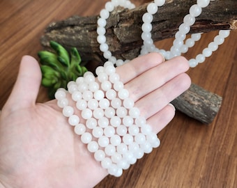 Snow White Agate Bracelet: 8MM Natural Milky Clear Quartz Beads | Cloudy White Gemstones
