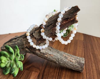 Montana Agate Bracelet: 8MM Cowboy Agate | Natural Crystal Beads | Cloudy White Gemstones with Subtle Brown Sardonyx Banding and Inclusions