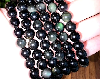 Rainbow Obsidian Bracelet: 8MM Natural Black Crystal Beads with Purple, Green Chatoyant Effect | Subtle LGBTQ+ Jewelry | Pride Couple's Gift