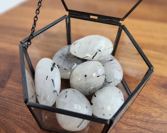 Puede incluir: Una caja hexagonal de vidrio con tapa de cadena metálica, que contiene una colección de piedras de turmalina negra y cuarzo transparente pulidas.