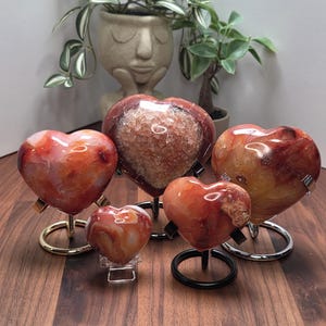 May include: Five heart-shaped gemstone sculptures in shades of red, orange, and white, each mounted on a metal stand. The gemstones have a polished, marbled appearance. A decorative planter with greenery is in the background.
