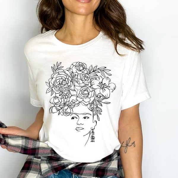 Unisex Jersey Short Sleeve Tee, Frida's tee, Floral T-shirt, Woman portrait tee, Line drawing Frida, T-shirt Kahlo, Mexican tee, gift idea