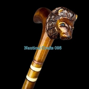 Hand Carved Lion Head Handle Wooden Walking Stick Lion Animal  For Men Women Best Gift A