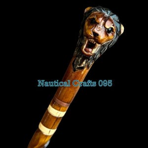 Hand Carved Lion  Head Handle Wooden Walking Stick lion Animal  For Men Women Best Gift A