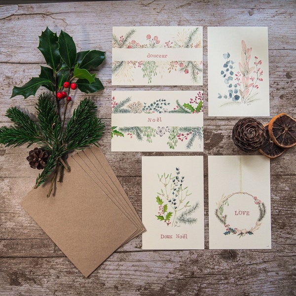 Lot de 10 Cartes de voeux peintes à la main motif floral délicat pour Noël ou la bonne année