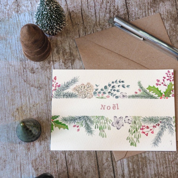 Carte de voeux peinte à la main motif floral délicat pour Noël