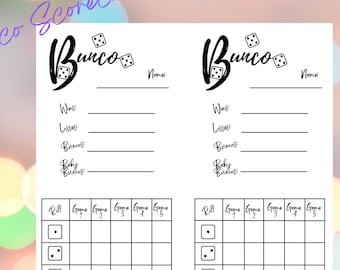 BUNCO Printable, Score Cards, Instant Download, Bunco, Quick, Black and White