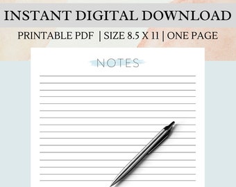 May include: Printable lined paper with the word "NOTES" in blue at the top. A silver pen is lying on the paper.