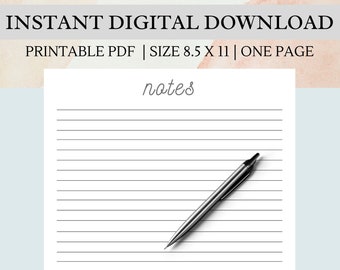 May include: Printable lined paper with the word "notes" at the top. A black pen is lying on the paper.
