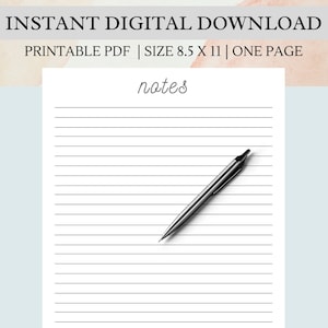 May include: Printable lined paper with the word "notes" at the top. A black pen is lying on the paper.