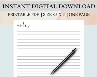 May include: Printable lined paper with the word "notes" at the top. The paper is 8.5 inches by 11 inches and is designed for use with a pen.