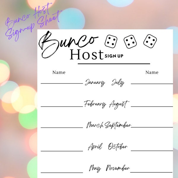BUNCO Printable, Sign-Up Sheet, Host Sign-Up, Bunco Sign-up, Instant Download, Bunco, Quick, Black and White