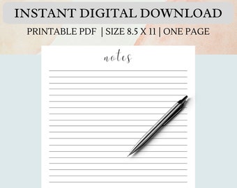 May include: Printable lined paper with the word "notes" at the top. The paper is 8.5 inches by 11 inches and is suitable for taking notes, making lists, or writing down ideas.