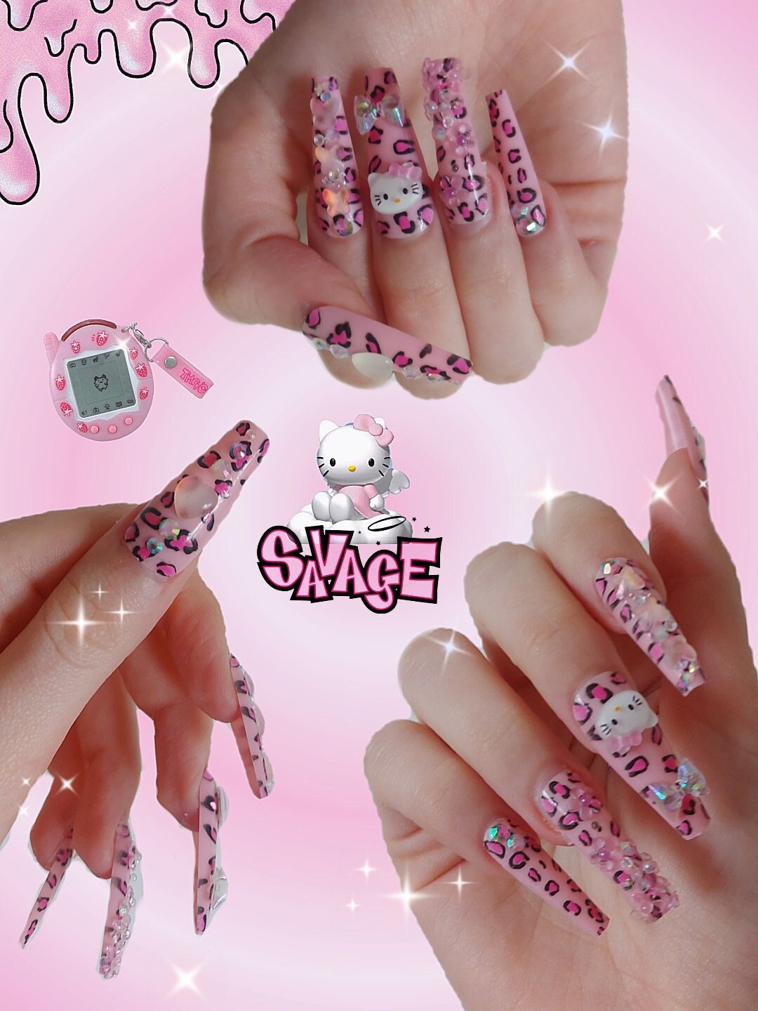 Junk nails  Cheetah acrylic nails, Hello kitty nails, Flower nails