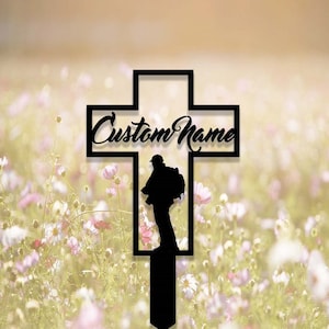 Custom Hunting Memorial Cross Garden Stake,Personalized Hunter Grave Marker Stake,Cemetery,Memorial Cross Metal Sign,Cross Yard Sign Stake