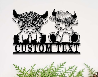 Custom Cute Highland Cow Metal Sign,Highland Cow Decor,Personalized Highland Cow Farm Name Sign,Baby Highland Cow Wall Art,Cow Ranch Deco