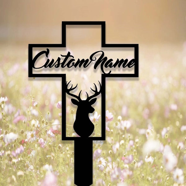 Custom Memorial Cross Garden Stake,Personalized Grave Marker Stake,Cemetery,Hunter Memorial Cross Metal Sign,Deer Cross Yard Sign Stake