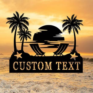 Letrero personalizado de Sunset Beach, letrero de metal para casa de playa, letrero personalizado de playa con nombre de familia, decoración náutica, decoración de letrero de la casa del lago, arte de pared de palmera