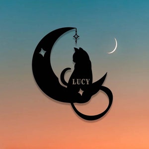 Custom Black Cat on Moon Metal Sign,Moon Cat Star Wall Art,Personalized Moon Cat Name Sign,Celestial Cat Wall Decor,Halloween Cat Decor