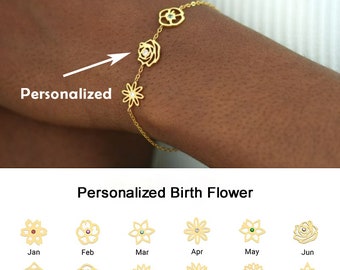 Personalized Birth Flower Bracelet, Combined Birth Flower Bouquet, Birthstone Bracelet For Grandma, Family Bracelet for Mom, Christmas Gift