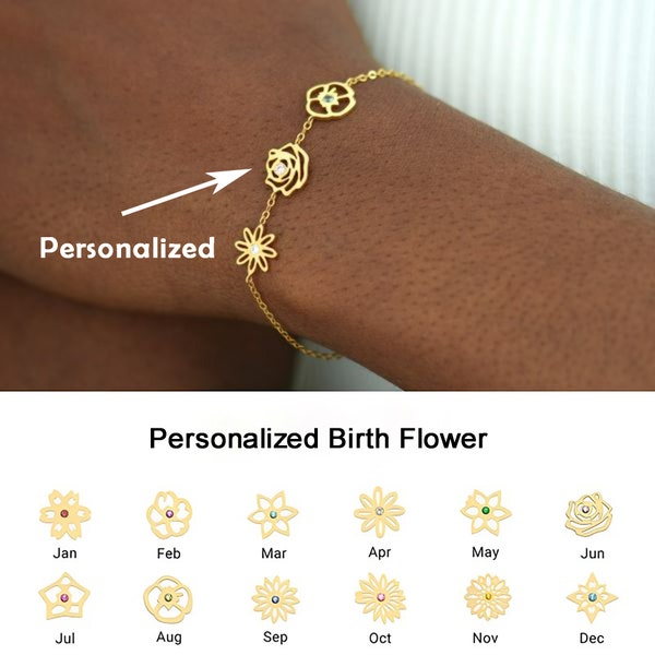 Bracelet de fleurs de naissance personnalisé, bouquet de fleurs de naissance combiné, bracelet de pierres de naissance pour grand-mère, bracelet de famille pour maman, cadeau de Noël