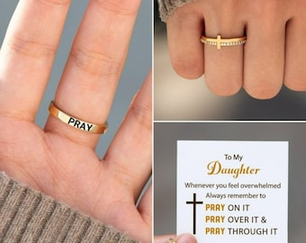 Pray On It Golden Cross Ring, To My Daughter/Granddaughter Sterling Silver Ring, Rings for Women, Gift for Daughter, Christmas Gift for Her