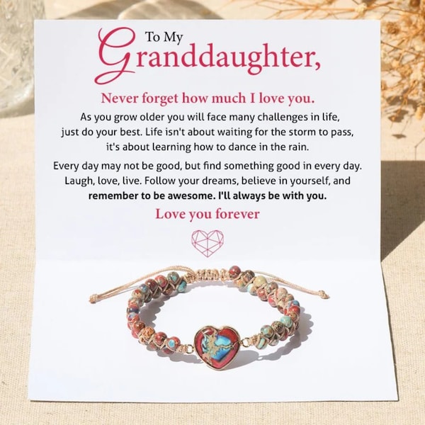 To My Granddaughter Love You Forever Jasper Heart Bracelet, Granddaughter Bracelet, Granddaughter Gifts, Handmade Jewelry