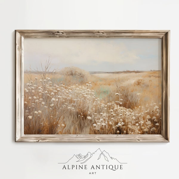 Vintage Wildflowers Meadow Landscape Painting, Printable Wall Art, Antique Oil Painting, Farmhouse Decoration, Direct Download