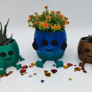 Peut inclure: Trois pots de fleurs imprimés en 3D de couleurs vives avec des visages souriants et des gestes de doigts d'honneur. Chaque pot a une plante différente qui pousse à l'intérieur. Les pots sont posés sur une surface blanche avec des cœurs de paillettes rouges, dorés et argentés éparpillés autour d'eux.