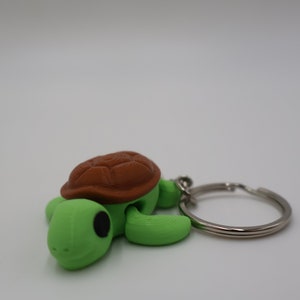 Può includere: Un portachiavi a forma di tartaruga verde con un guscio marrone e occhi neri. La tartaruga è attaccata a un portachiavi argentato.