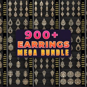 May include: A collection of 900+ earring designs in various shapes and styles. The earrings are made of wood and are perfect for laser cutting. The designs include geometric shapes, floral patterns, and abstract designs.