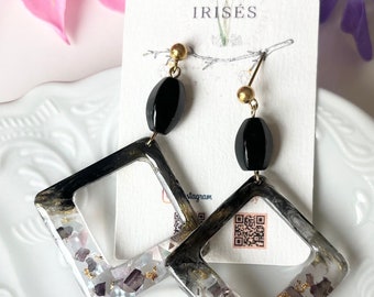 Grandes boucles d'oreilles carrées/bijoux pierres précieuses : améthyste ou onyx