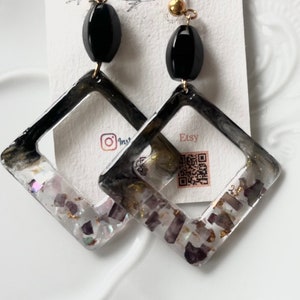 Grandes boucles d'oreilles carrées/bijoux pierres précieuses : améthyste ou onyx image 7