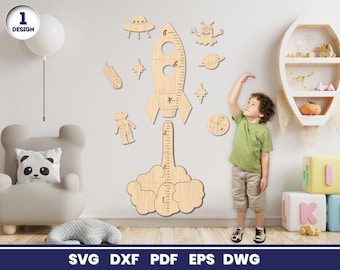 Tabla de crecimiento de cohetes cortada a láser, archivo SVG para Glowforge, habitación infantil, marcador de altura, Cricut, vector, descarga instantánea