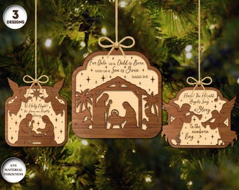 Adornos navideños de la Natividad cortados con láser, adornos navideños SVG, decoración navideña SVG, citas bíblicas, archivo cortado con láser, Xtool, Glowforge
