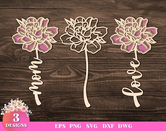 Peony Laser Cut Files, Home Decoration, SVG Files for Glowforge, Nature Svg, Flower Quotes SVG Design, Vector, Instant Download